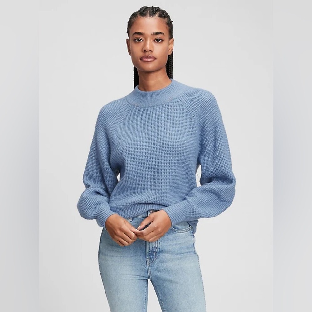 Gap women’s small Waffle-Knit Mockneck Sweater Blue Soft Cozy boxy pullover - Picture 1 of 11
